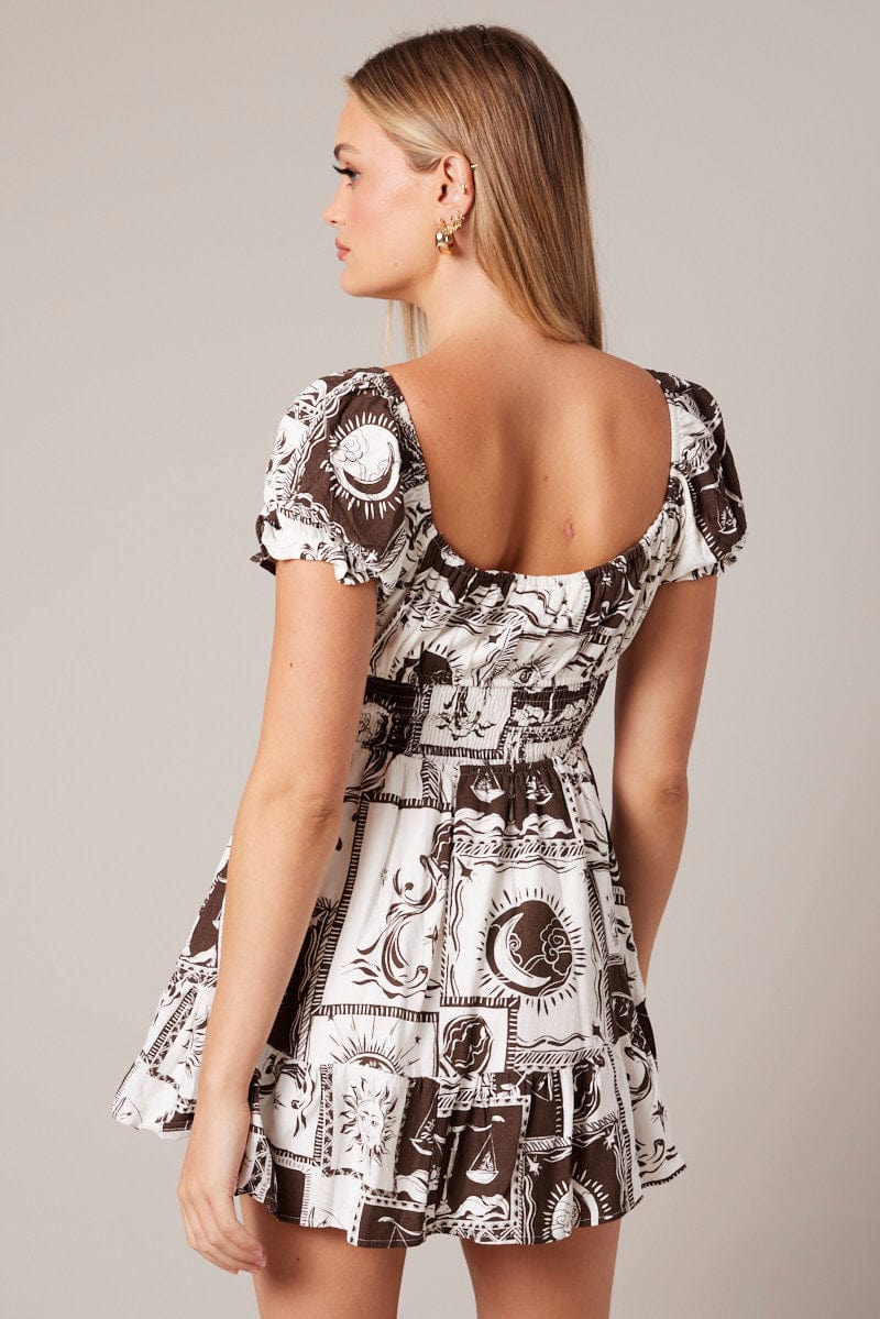 Brown Abstract Fit And Flare Dress Puff Sleeve Mini