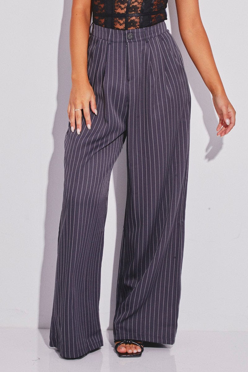 Grey Stripe Stripe Wide Leg Boyfriend Pants