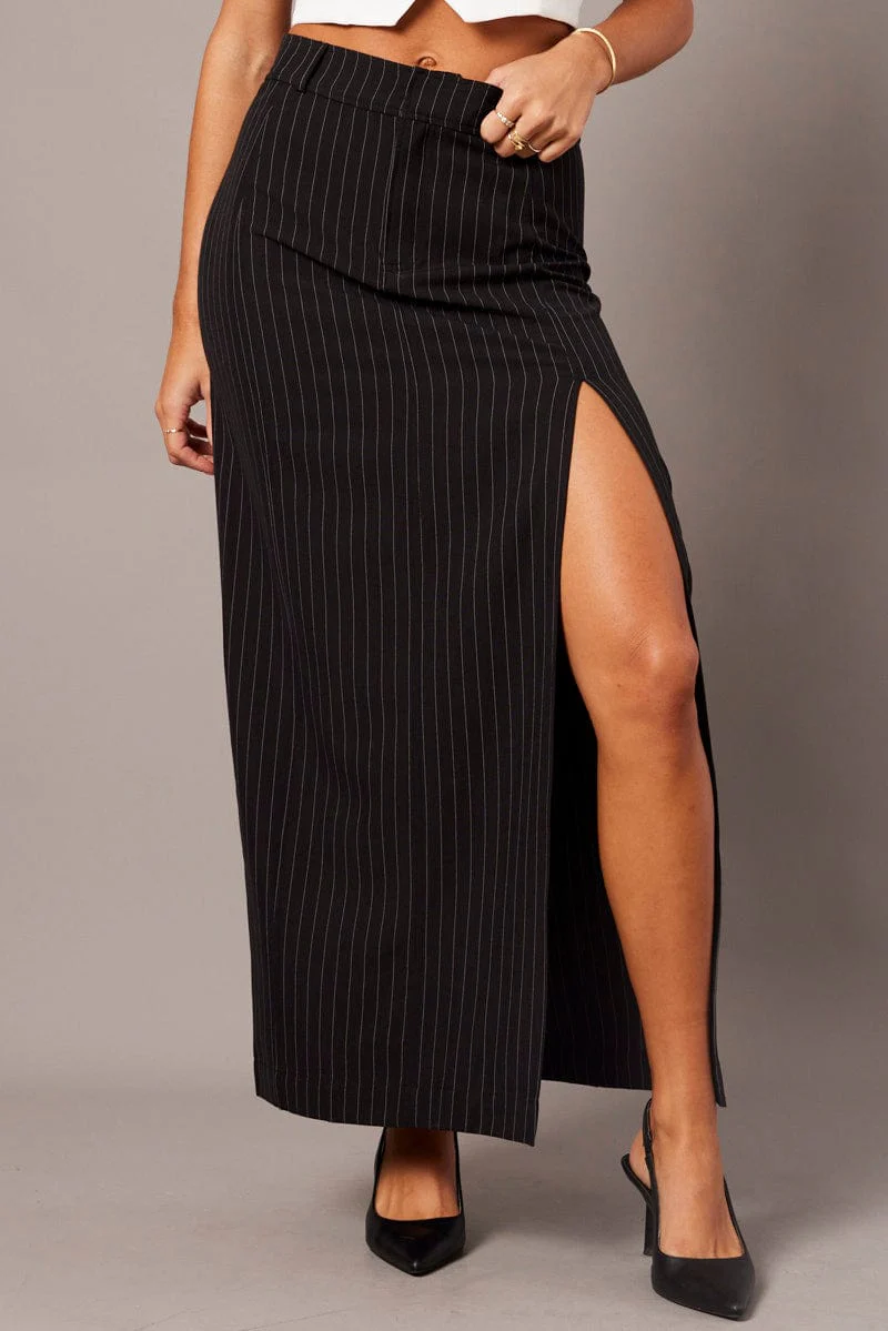 Black Stripe Midi Skirt Tailored High Waist