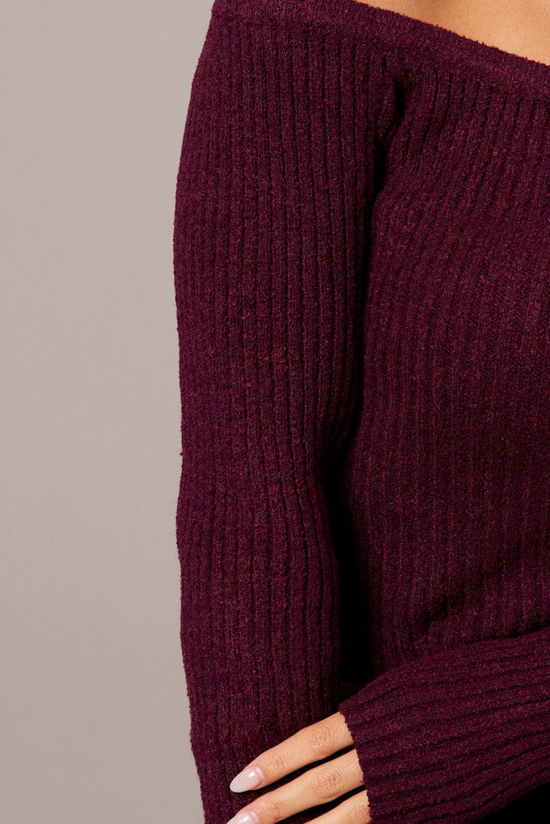 Red Knit Top Long Sleeve Off Shoulder