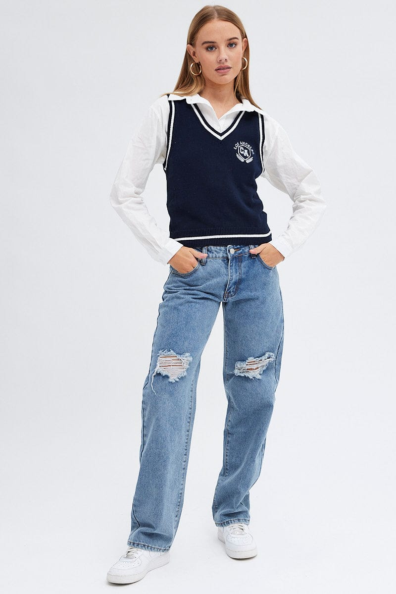 Blue Knit Vest V neck