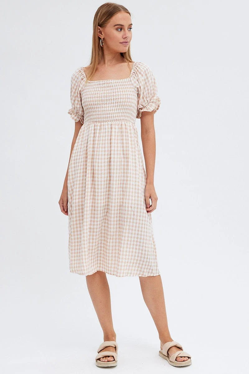 Check Mini Dress Short Sleeve Square Neck