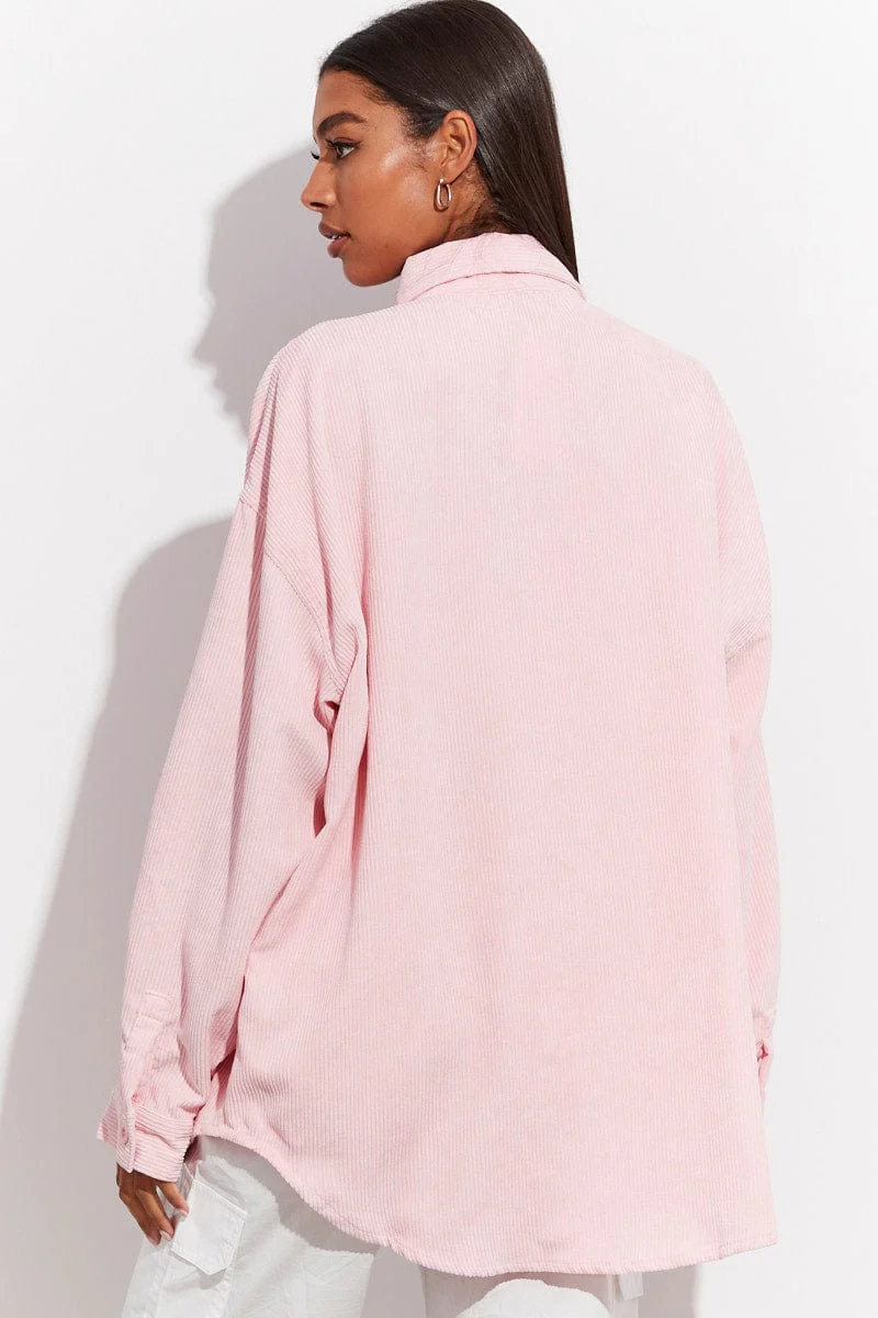 Pink Corduroy Shirt Long Sleeve Collared Neck