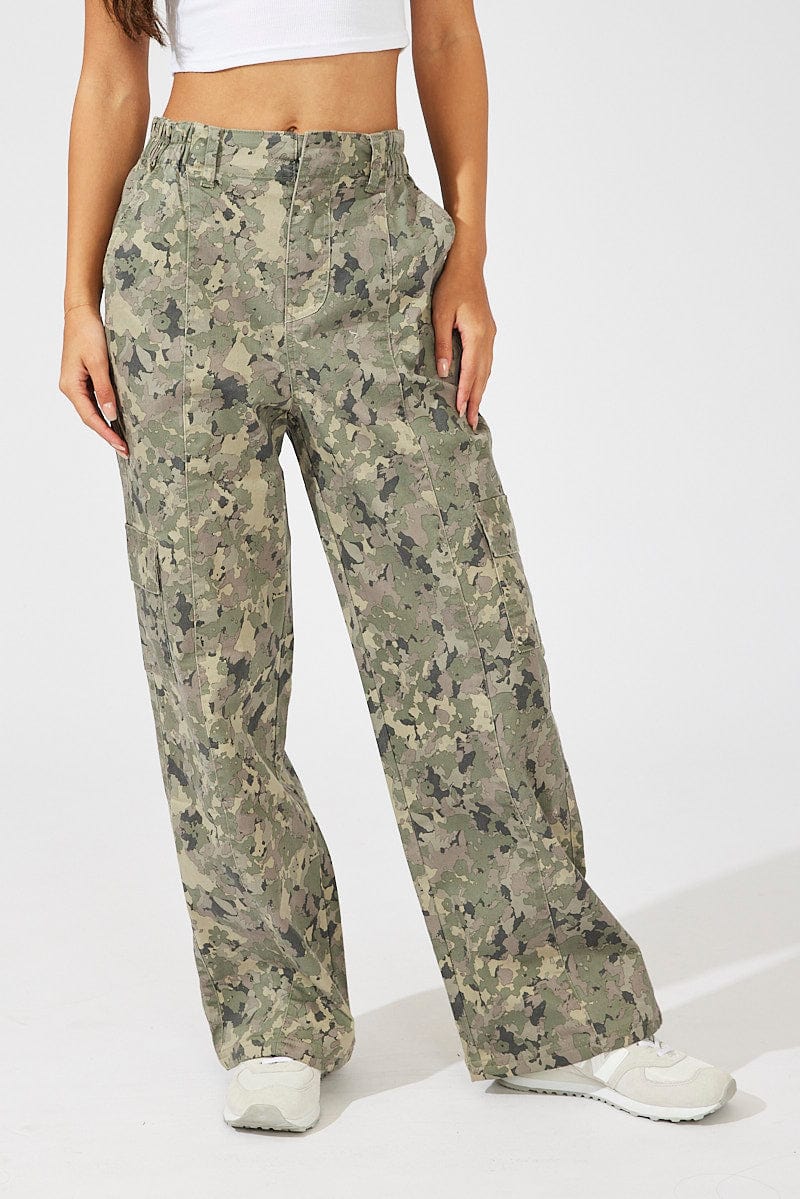 Green Print Cargo Pants Mid Rise