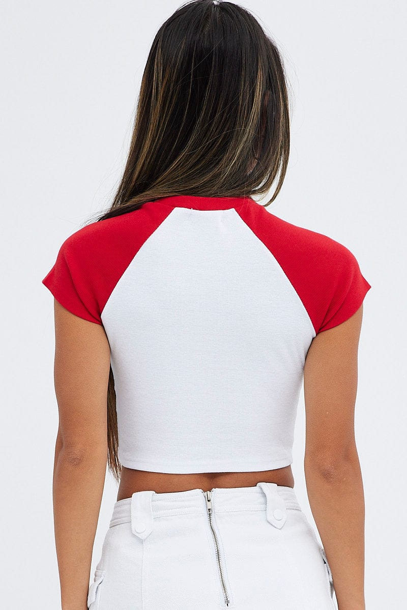 Red Tee Contrast Short Sleeve Round Neck Graphic