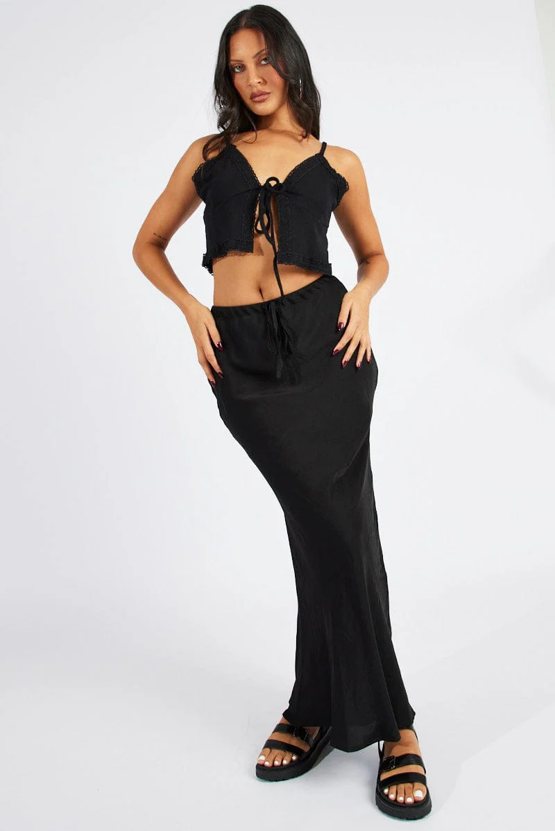 Black Drawstring Satin Maxi Skirt