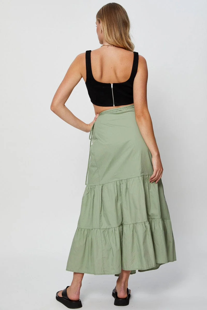 Green Wrap Skirt Maxi High Rise