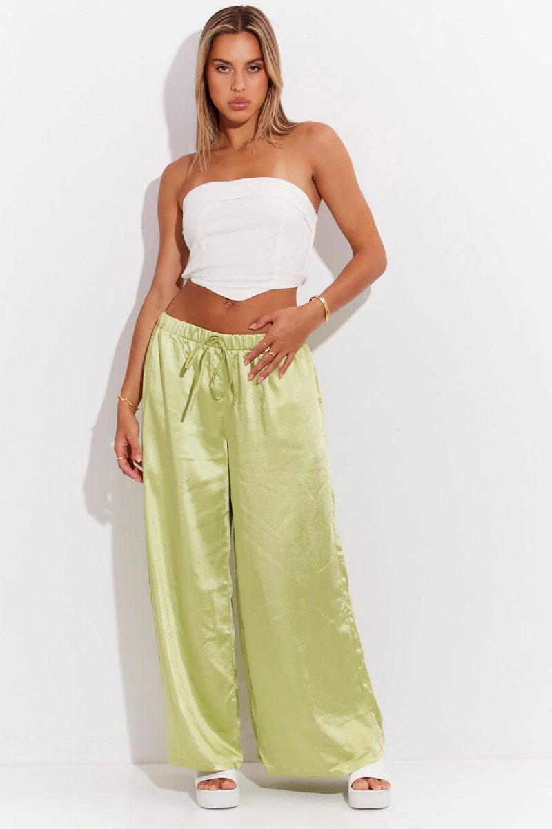 Green Pant High Elastic Waist Tie Front Wide Leg Satin