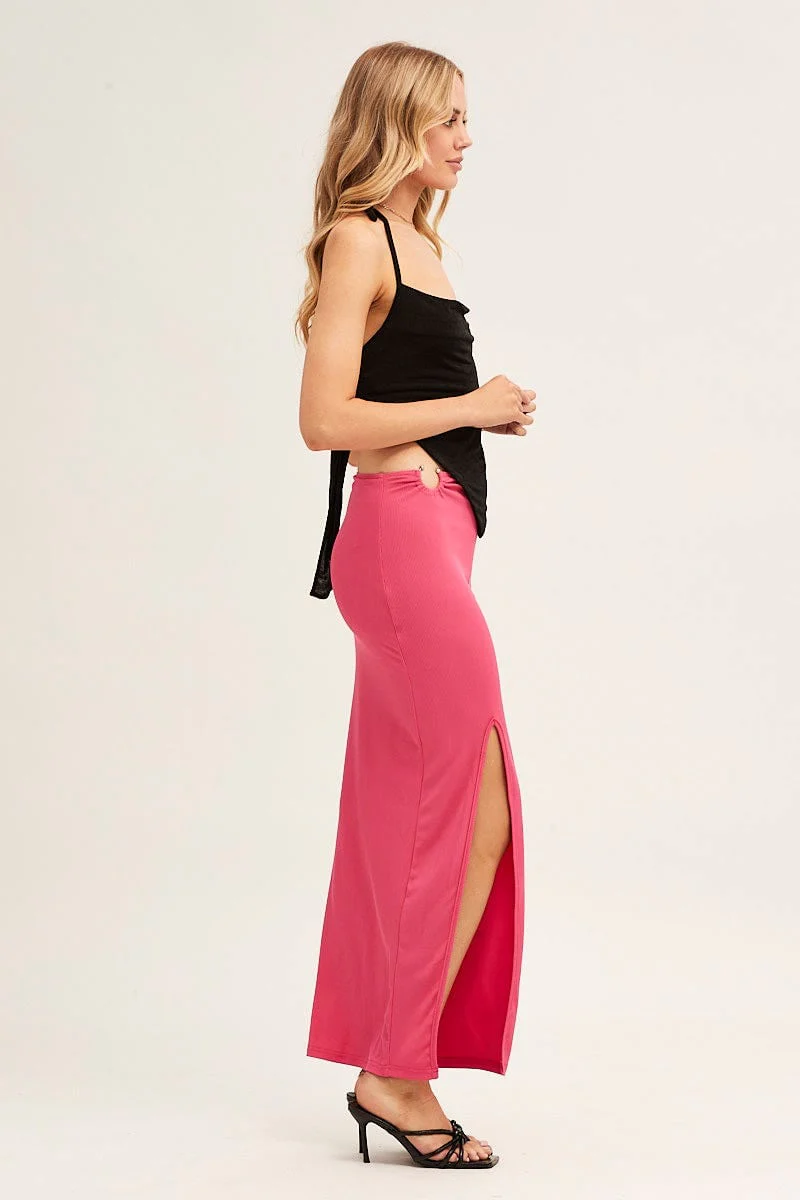 Pink Midi Skirt Bodycon Ring Ribbed
