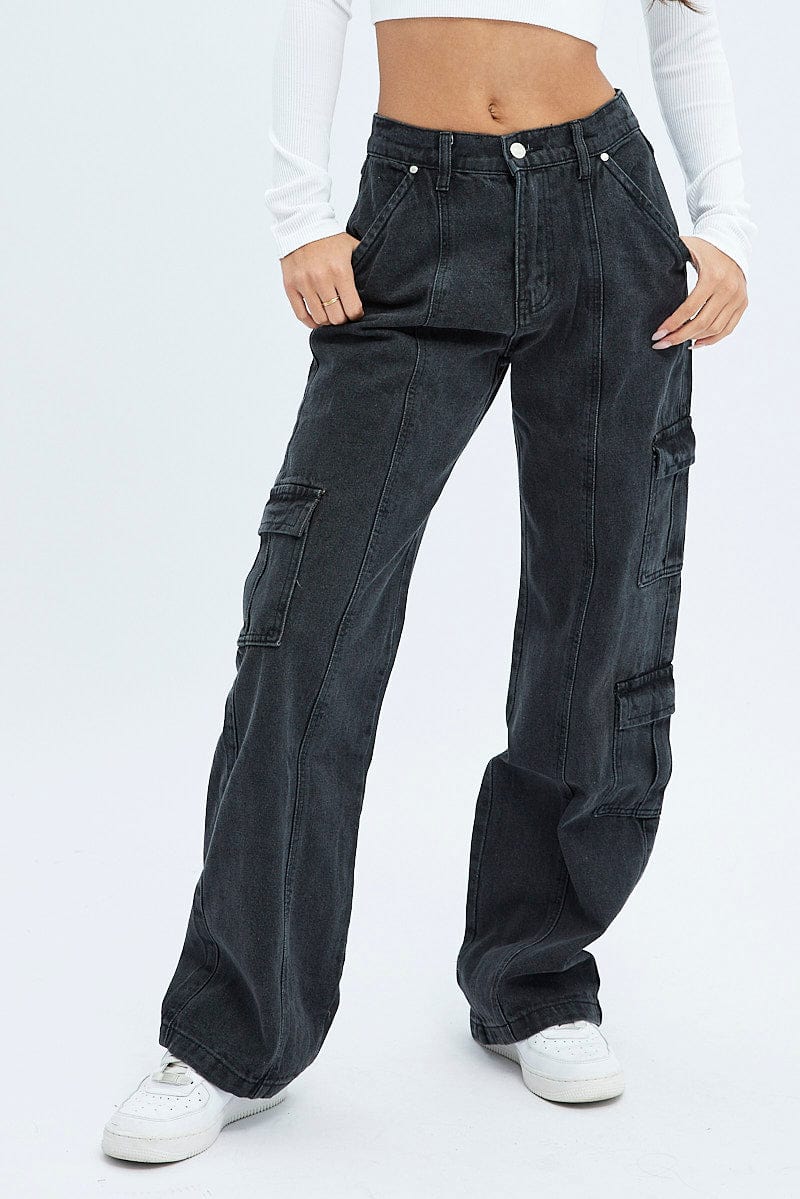 Black Cargo Denim Jeans Mid Rise
