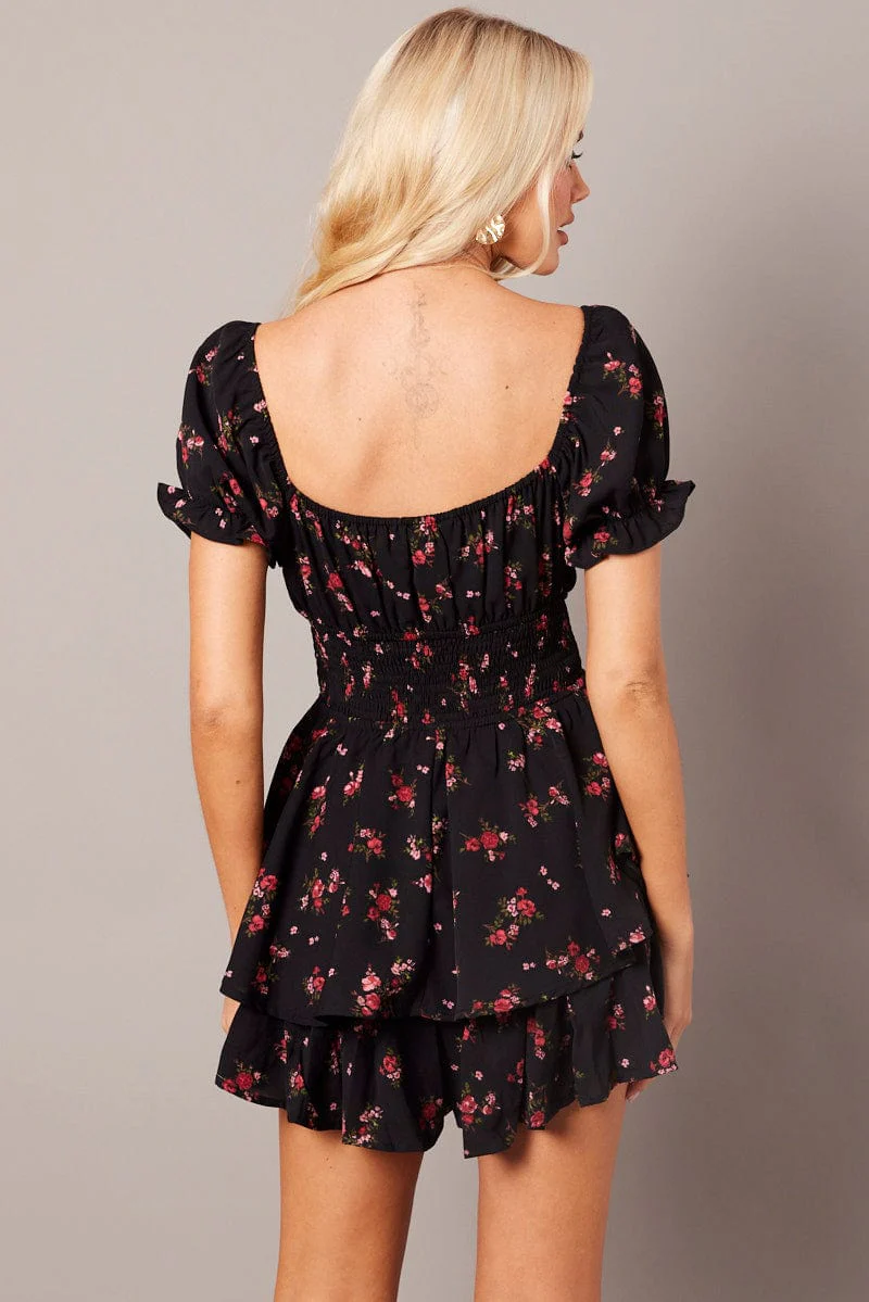 Black Ditsy Playsuit  Short Sleeve