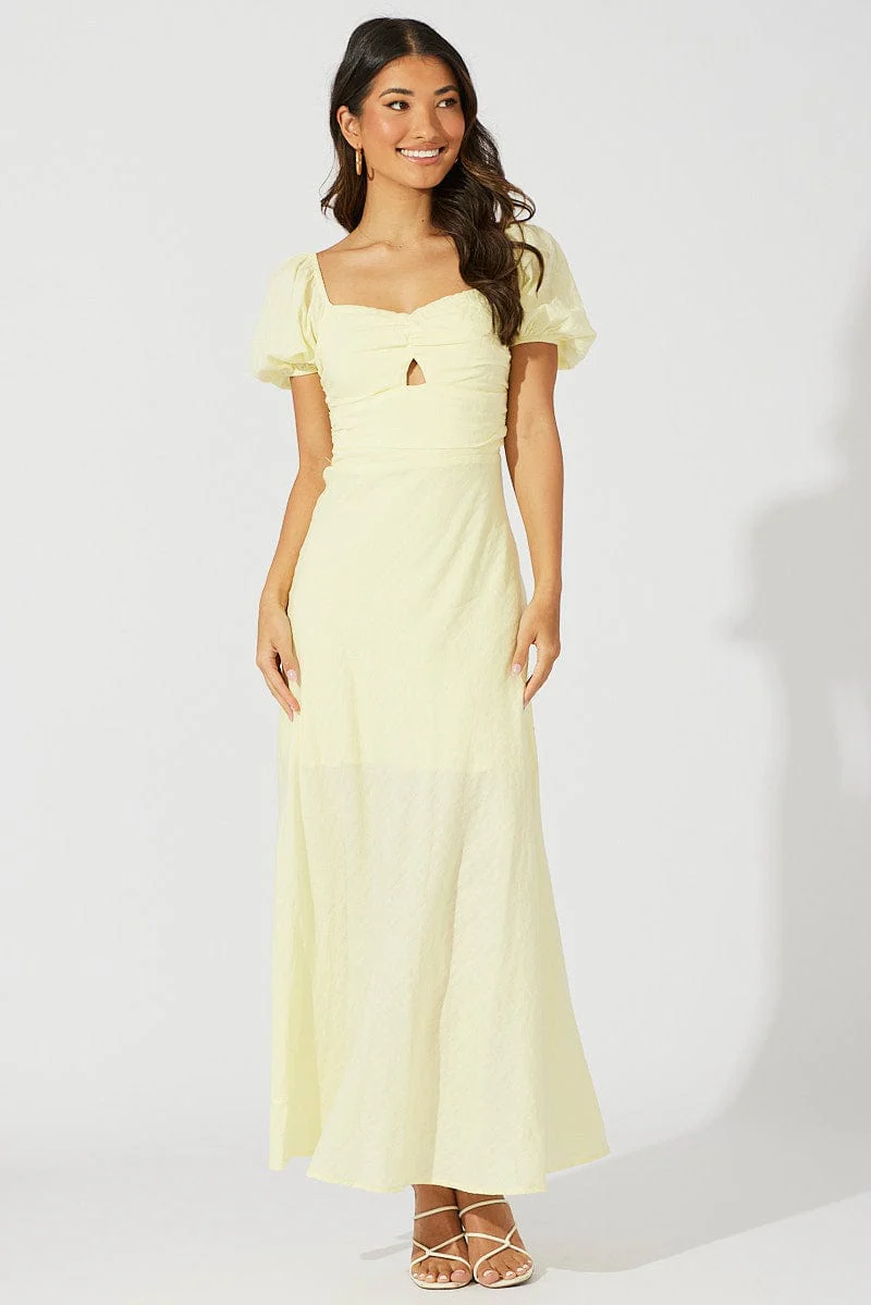 Yellow Midi Dress Short Sleeve Twist Front Textured