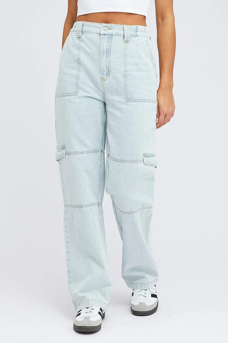 Denim Cargo Jeans Elastic Waist