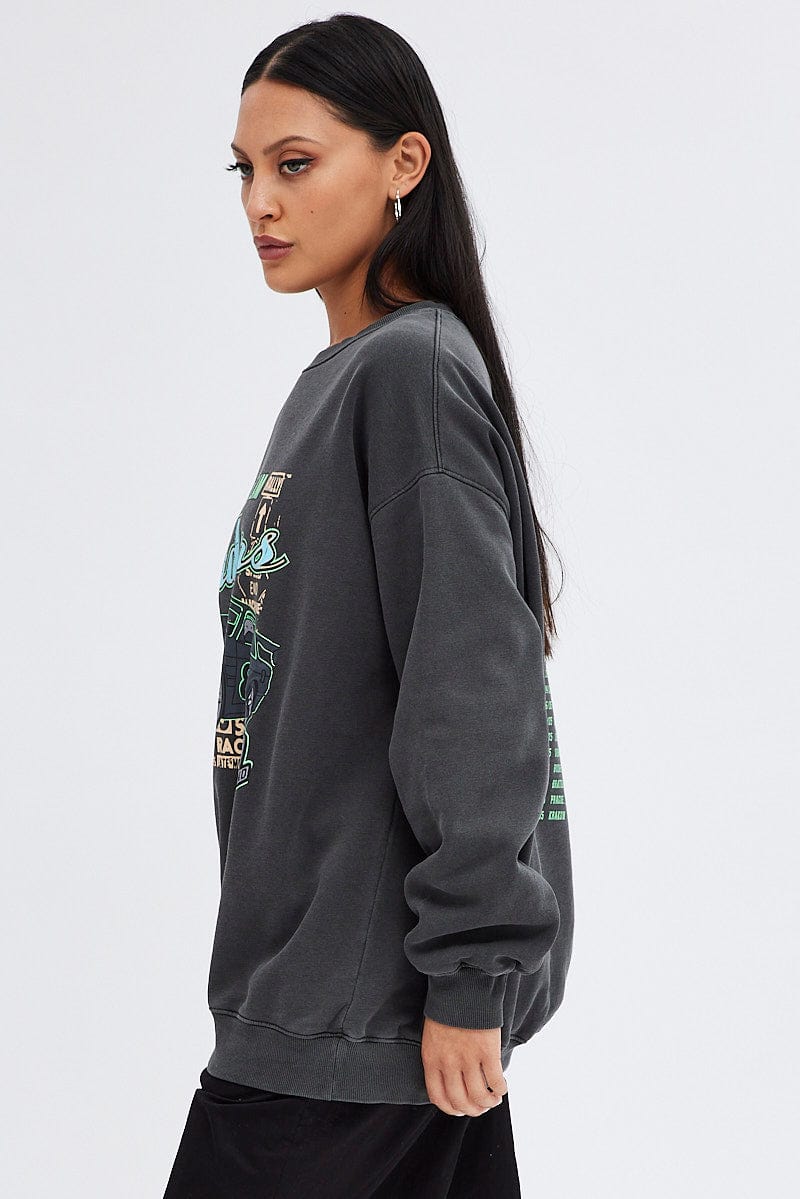 Grey Sweater Long Sleeve Round Neck Printed