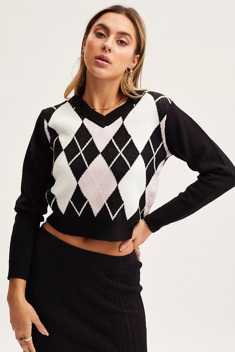 Check Knit Top Long Sleeve Argyle
