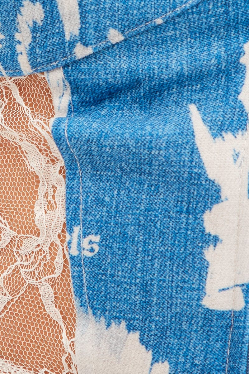 Blue Lace Up Back Patchwork Denim Top