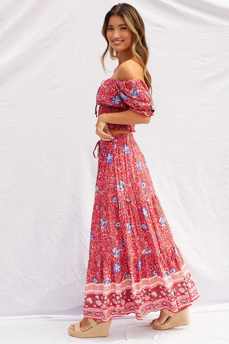 Boho Print Elastic Waist Boho Maxi Skirt