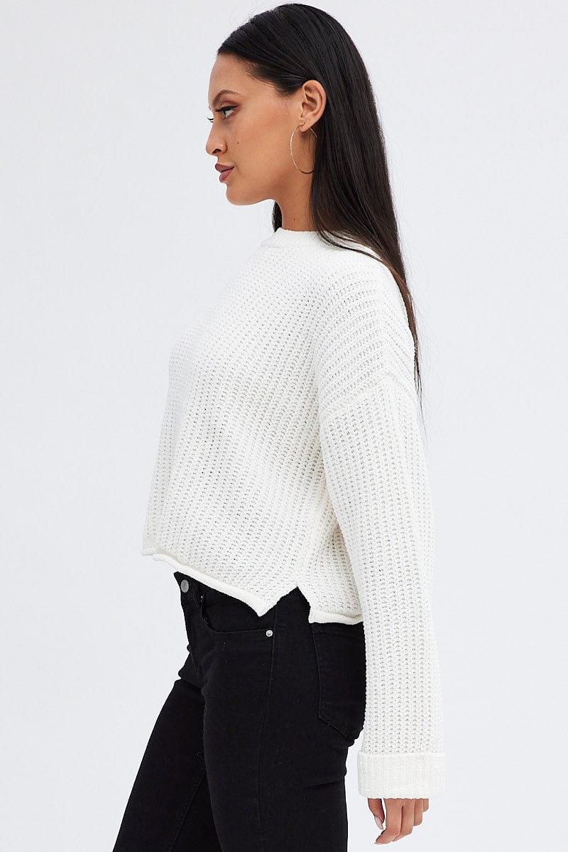 White Knit Jumper Round Neck Chenille