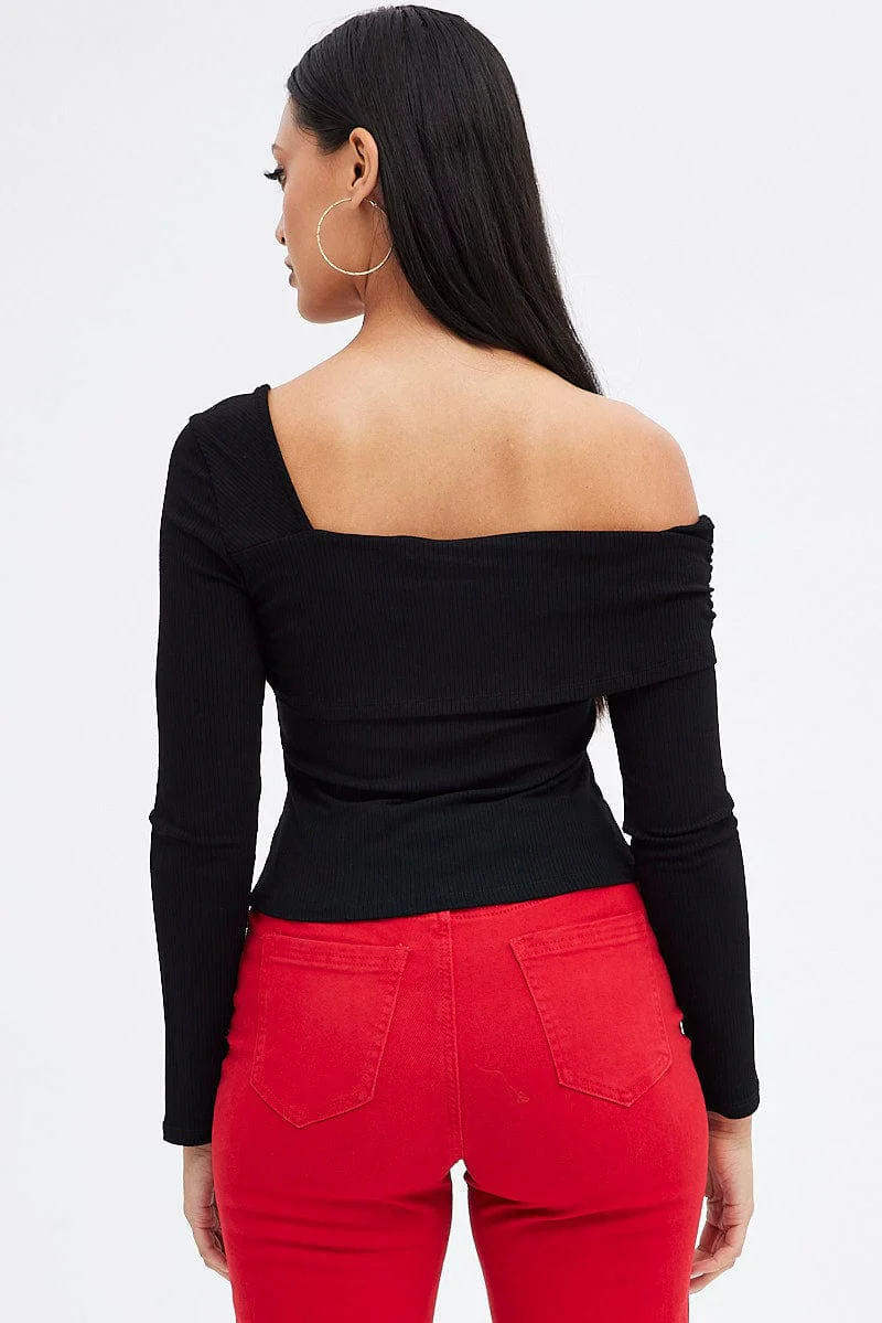 Black Top One Shoulder Long Sleeve Rib