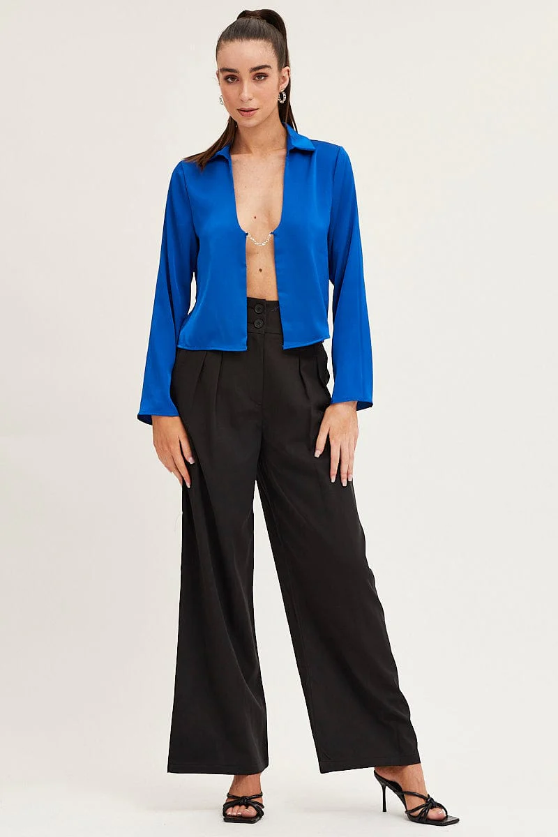Blue Satin Long Sleeve Collared Chain-Link Front Jacket