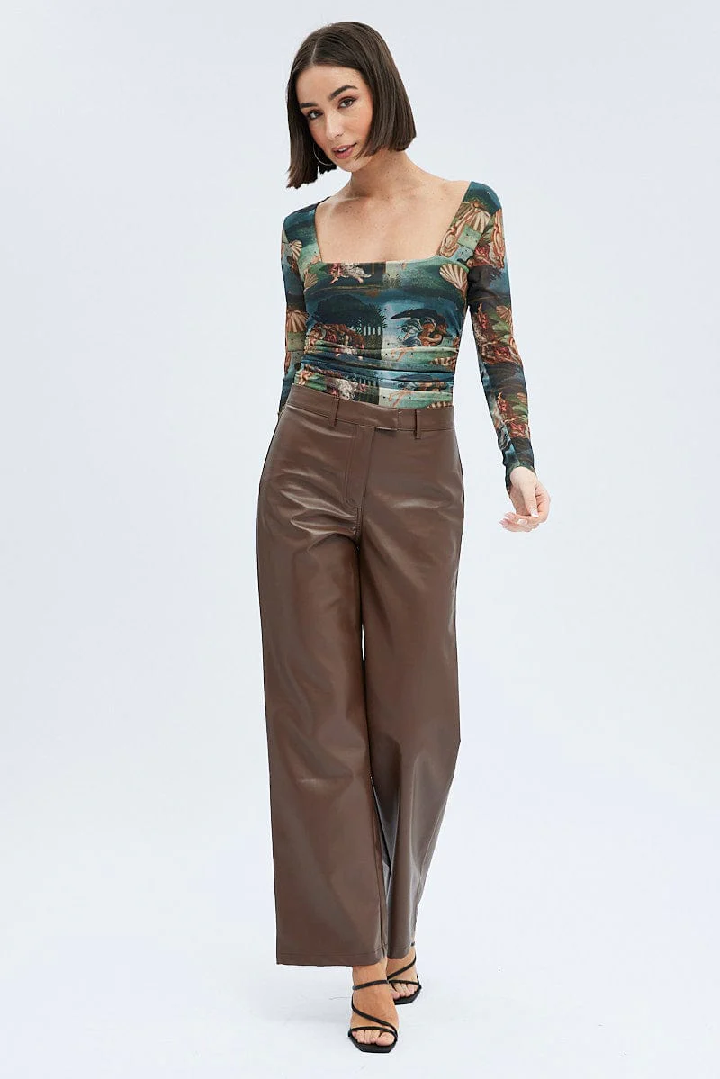 Multi Print Bodysuit Long Sleeve Square Neck Ruched Waist Mesh