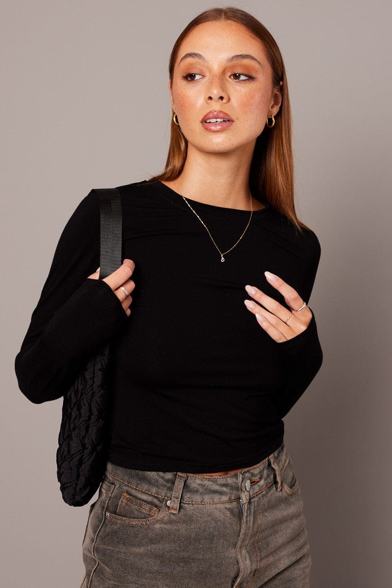Black Top Long Sleeve Crew Neck Modal
