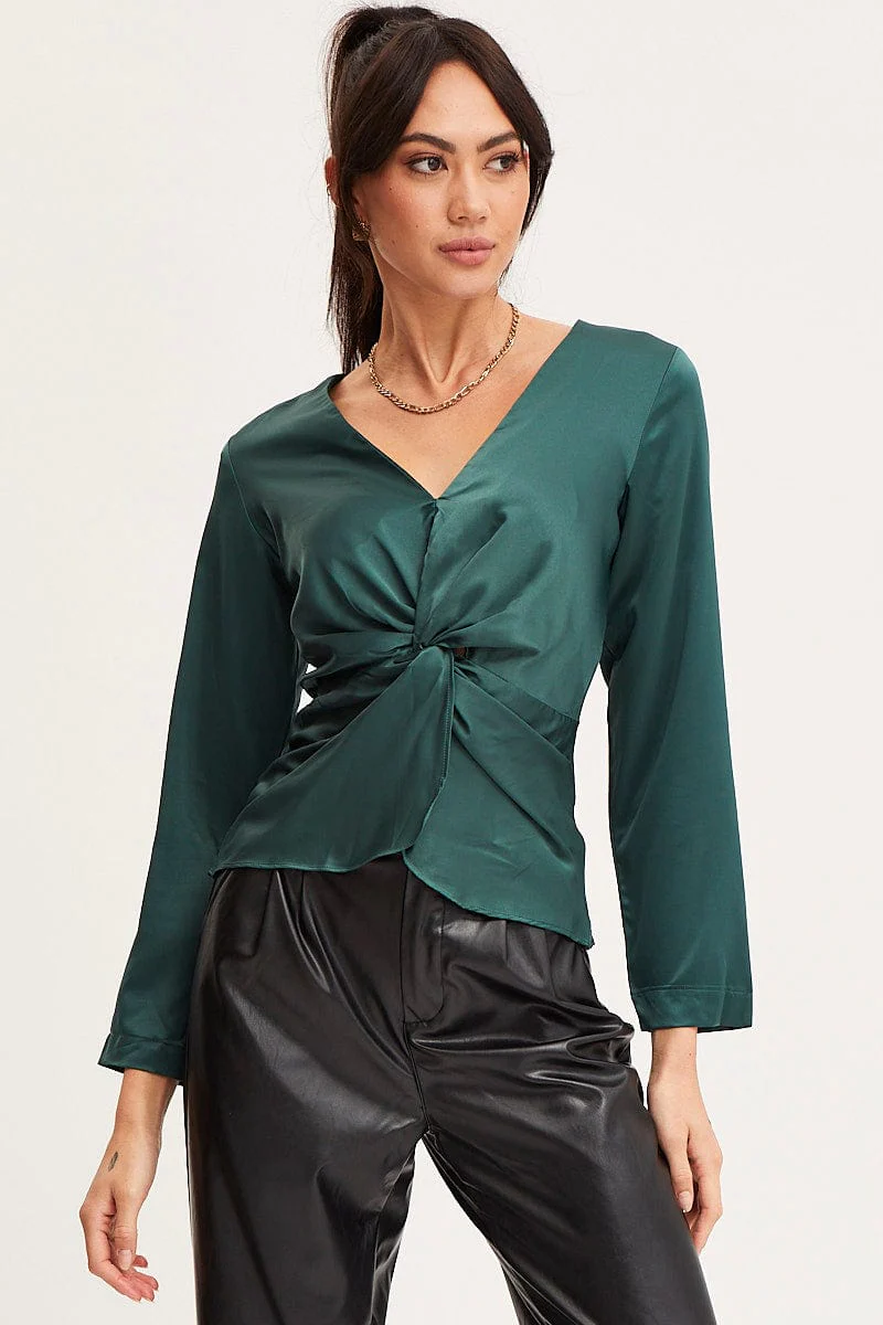 Green Twist Front Top Long Sleeve