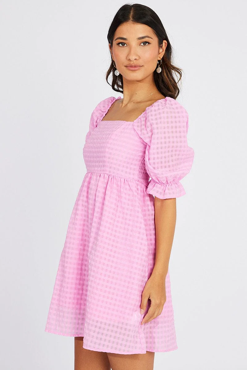 Pink Mini Dress Puff Sleeve