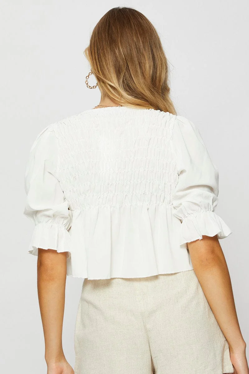 White Crop Blouse Short Sleeve Round Neck