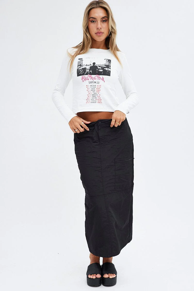 White Top Long Sleeve Crew Neck Semi-Crop Tour Graphic