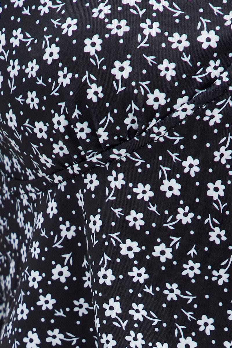 Black Print Tie Front Top