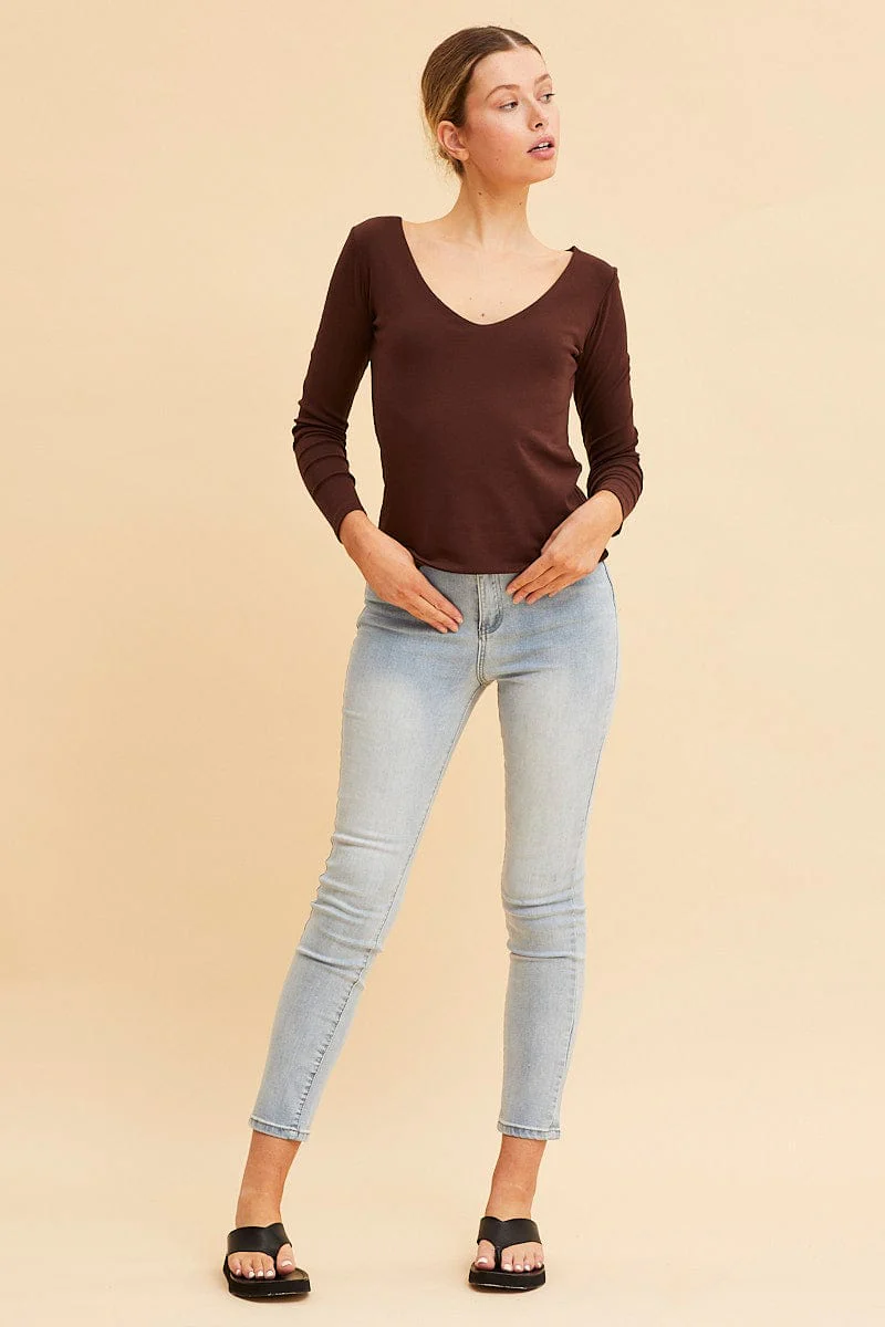 Brown V Neck Top Long Sleeve Cotton Stretch
