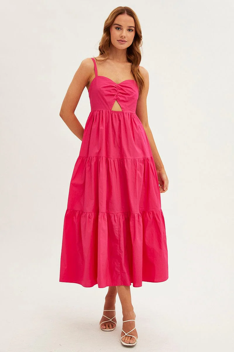 Pink Maxi Dress Sleeveless Ruched Front