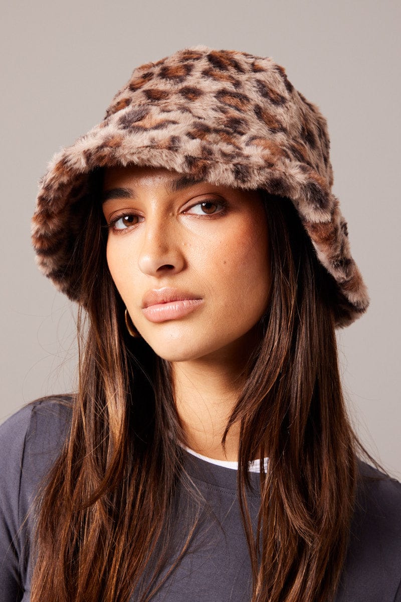 Brown Animal Print Faux Fur Hat