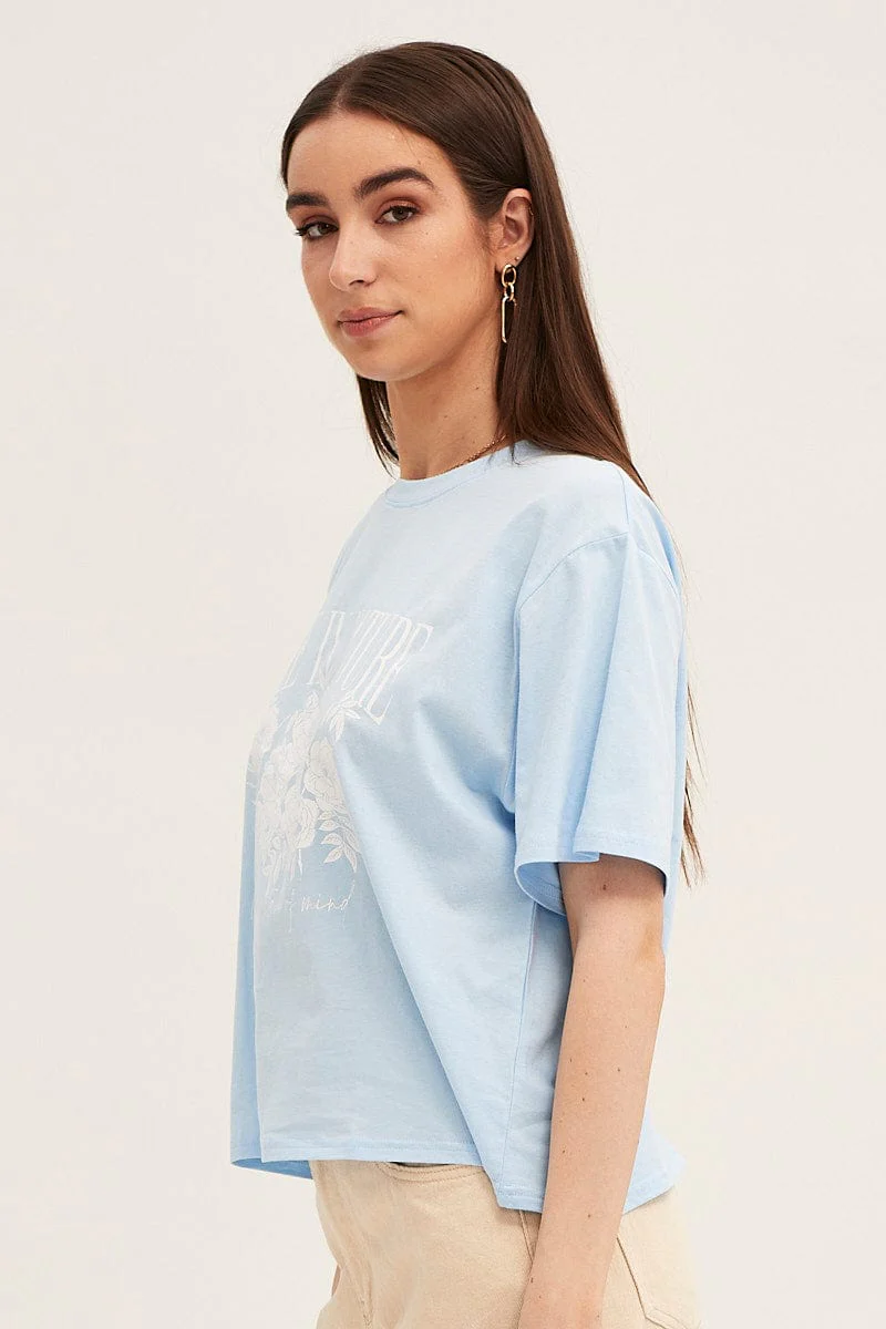 Blue Crew Neck Oversized Graphic T-Shirt