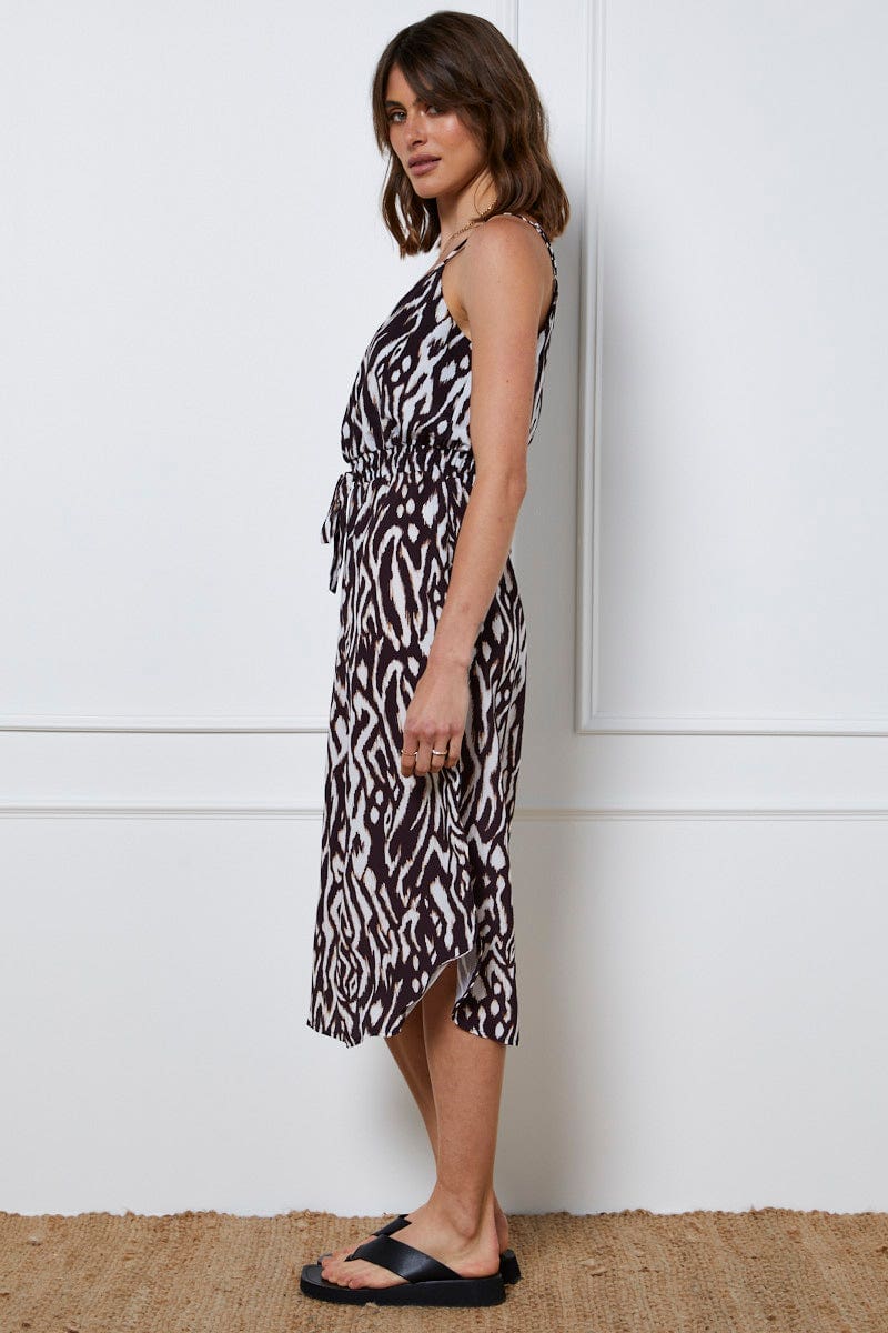 Print A Line Dress Maxi V Neck
