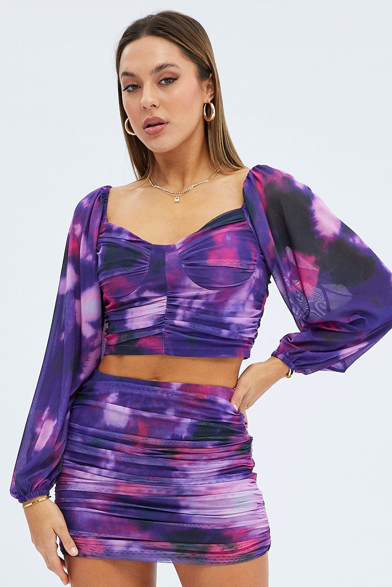 Purple Abstract Top Long Sleeve Abstract Print Mesh