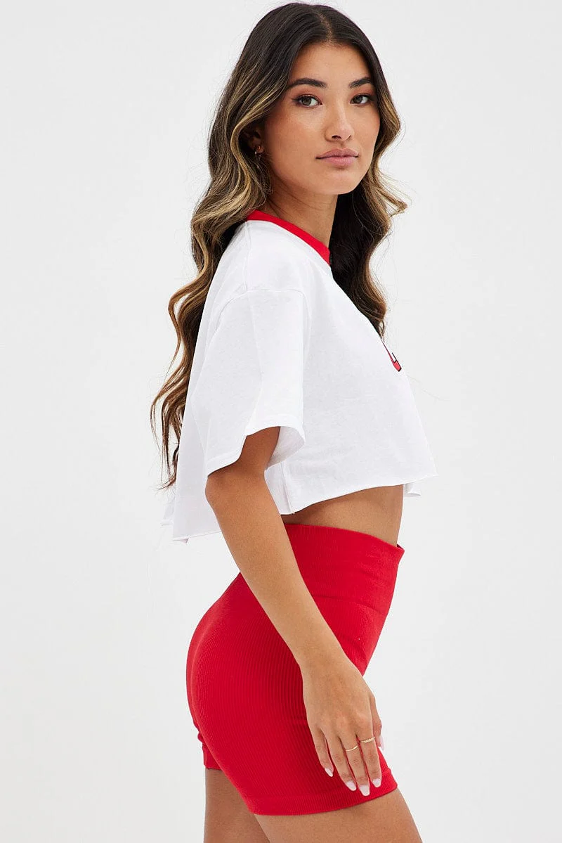 White Crop T Shirt Short Sleeve Crew Neck Chicago Cotton