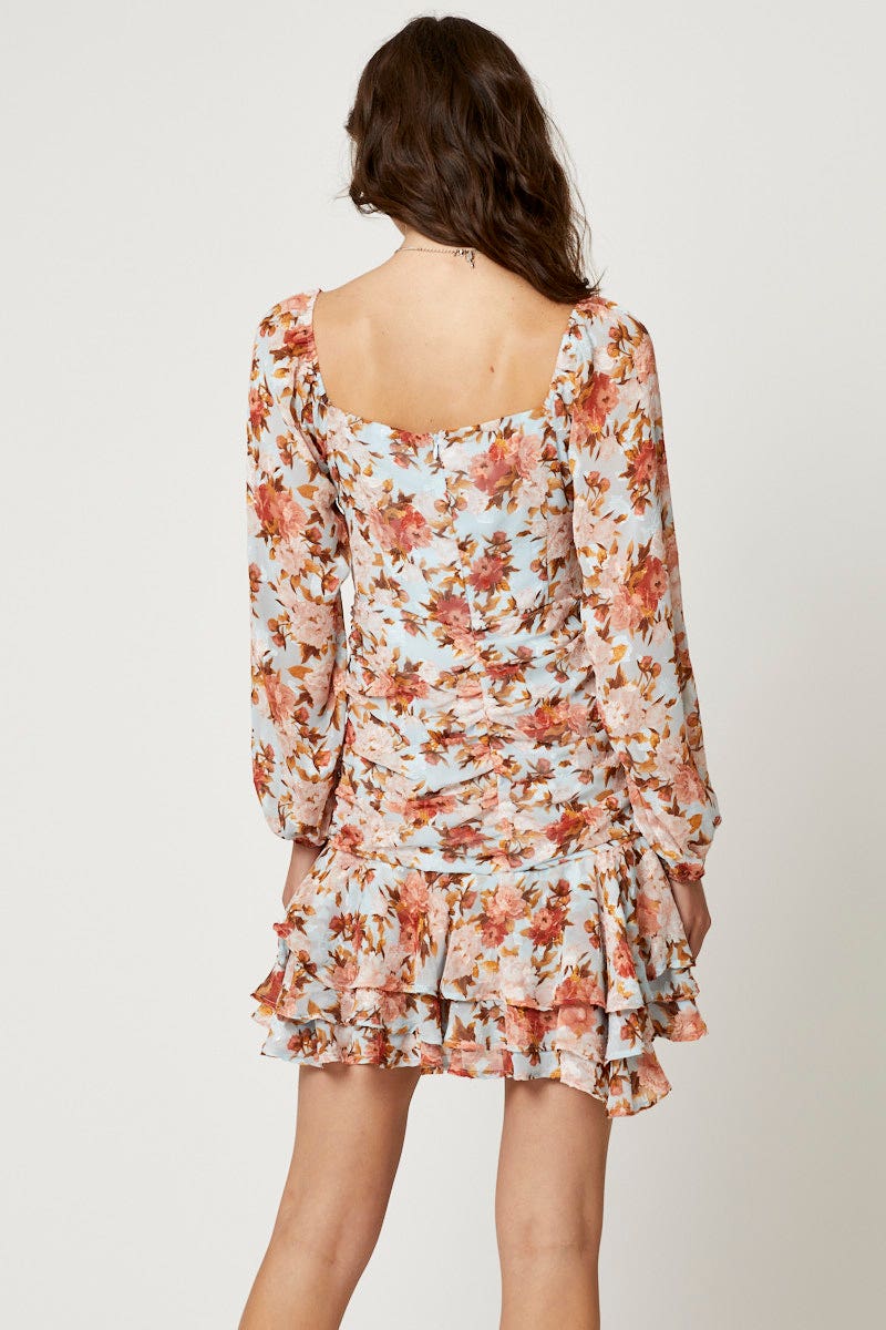 Print Long Sleeve Pleat Detail Skater Dress
