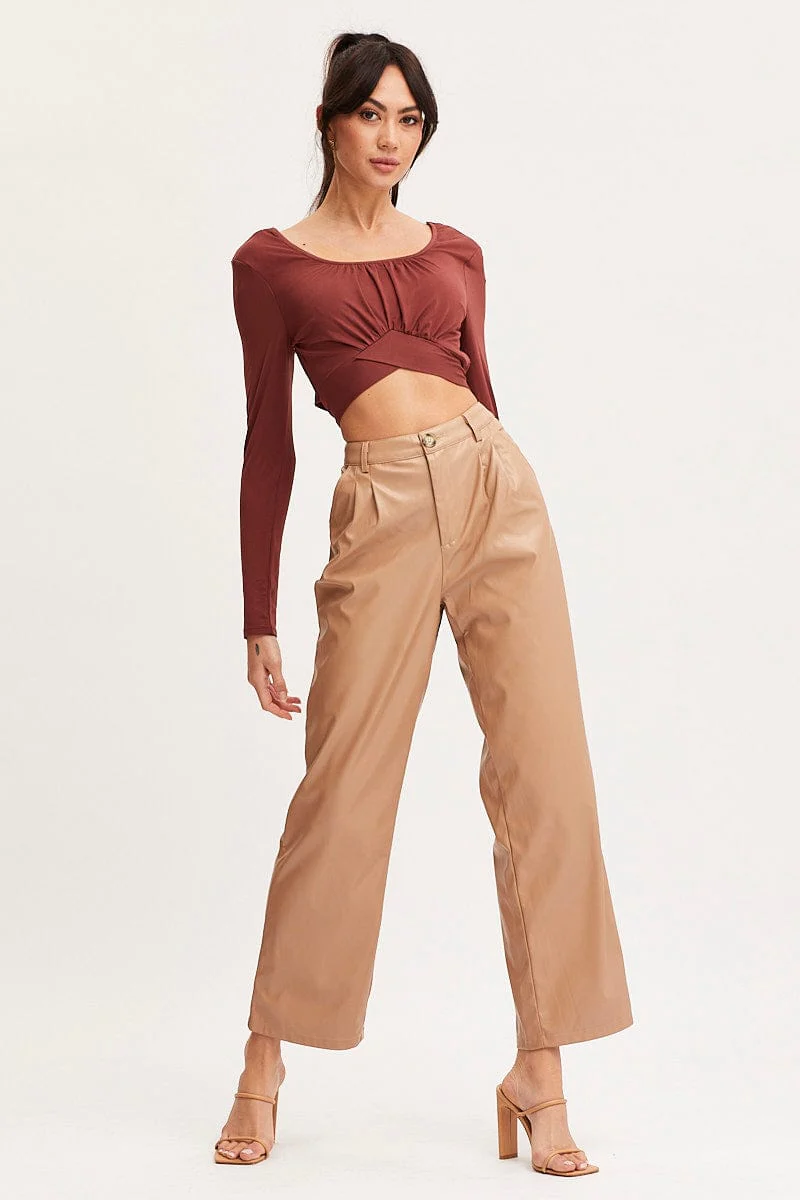 Brown Tie Back Top Long Sleeve Crop