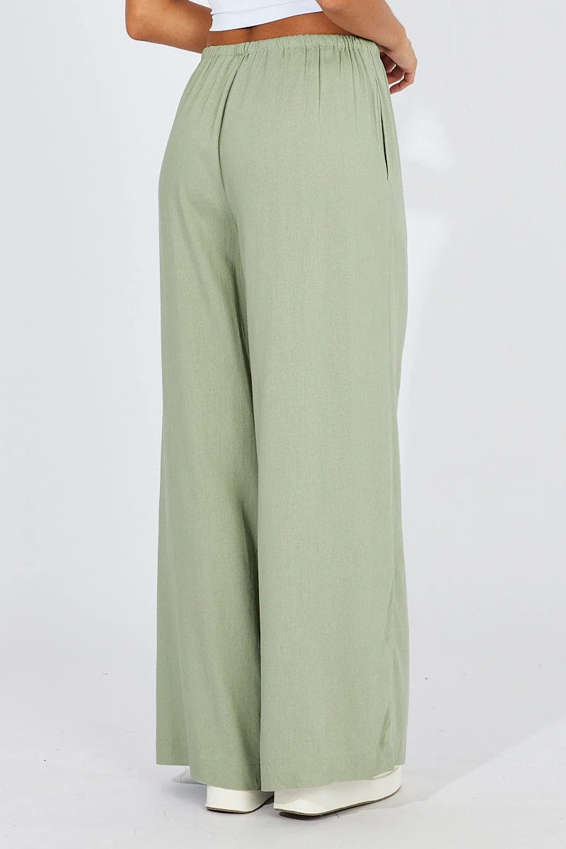 Green Wide Leg Pants High Rise