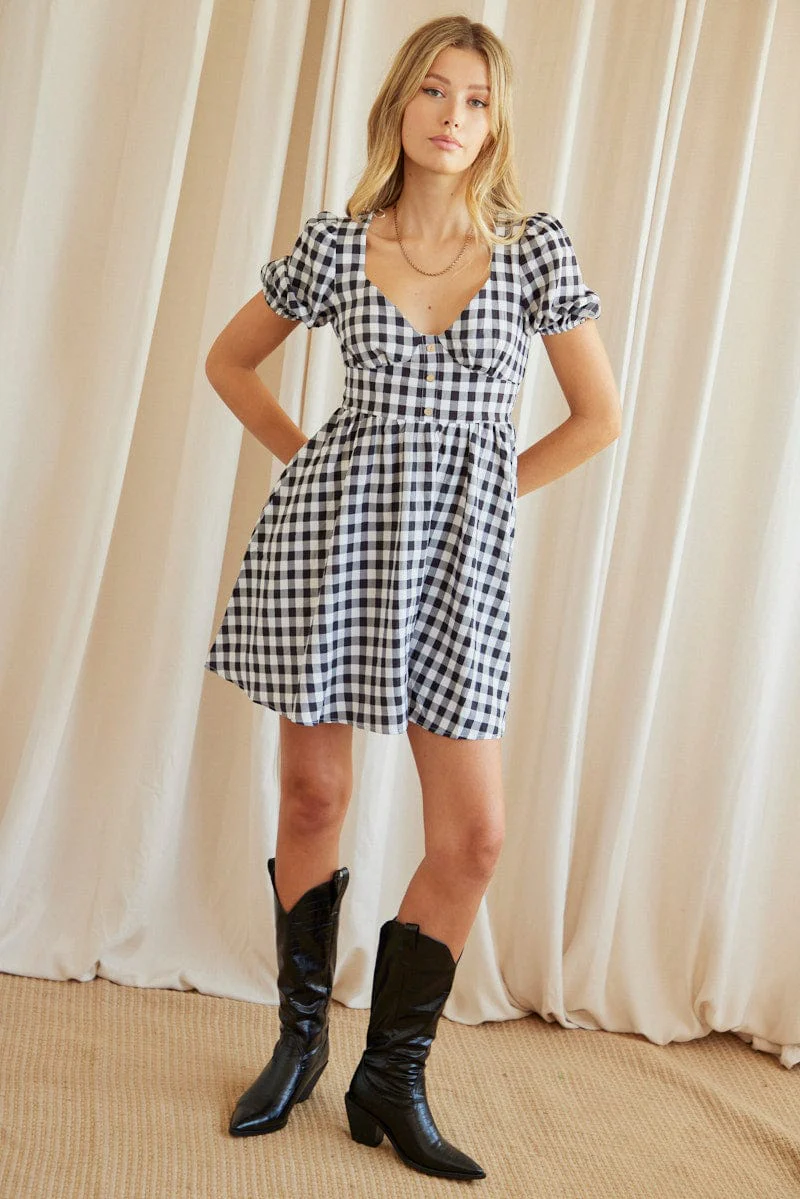 Check Mini Dress Short Sleeve Sweetheart Neckline
