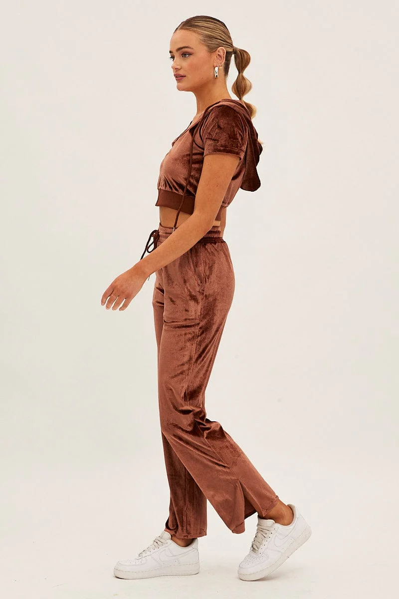 Brown Velvet Flared Hem Pants