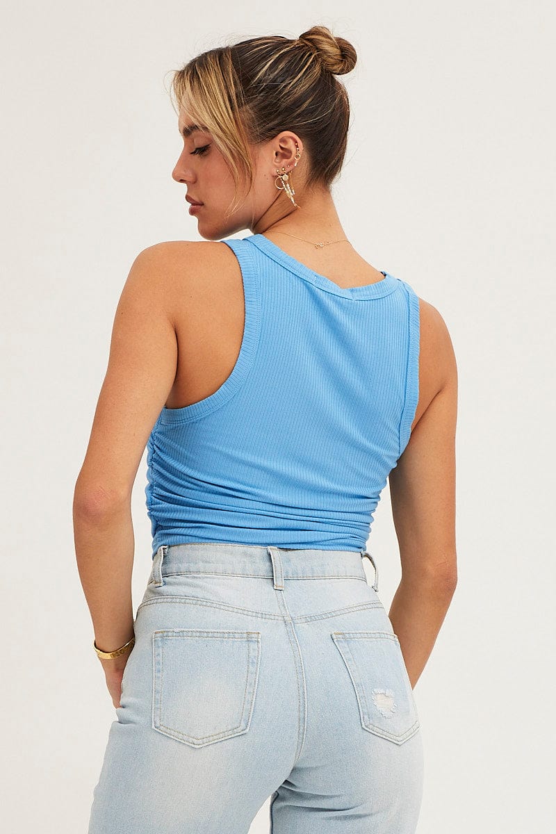 Blue Ribbed Ruched Side Racer Top