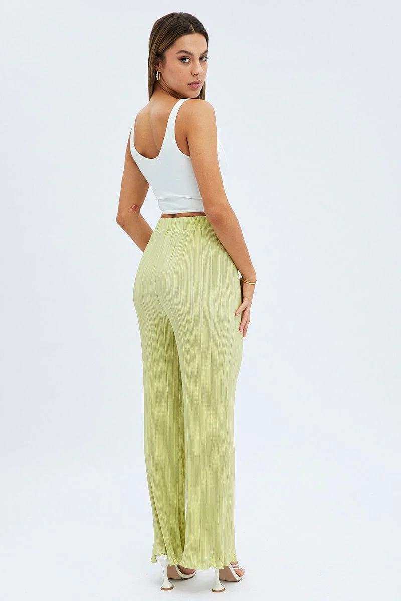 Green Plisse Pants Wide Leg High Rise