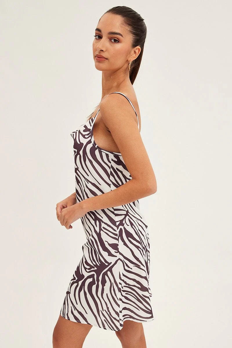 Brown Print Cowl Neck Mini Dress