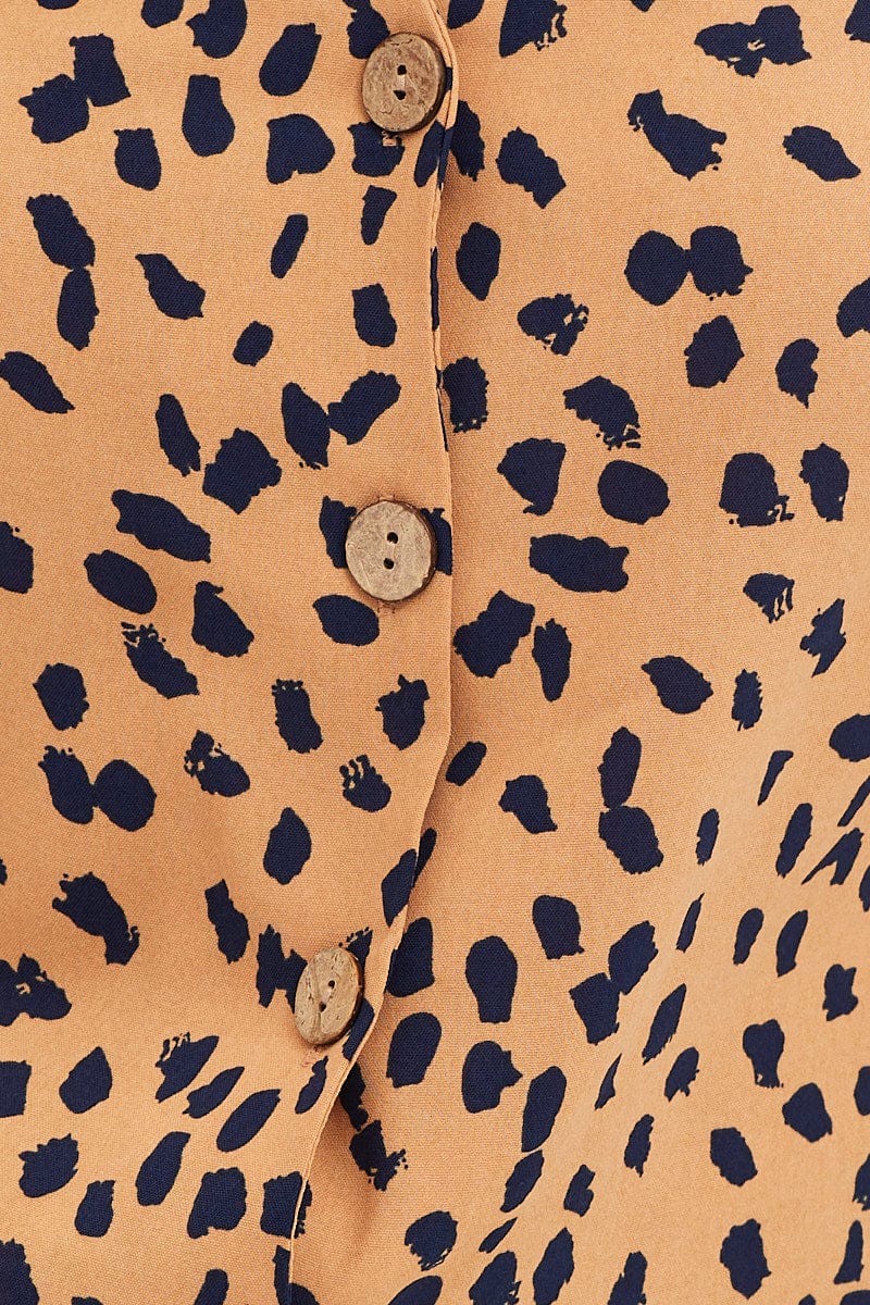 Geo Print Button Front Top Long Sleeve V-Neck