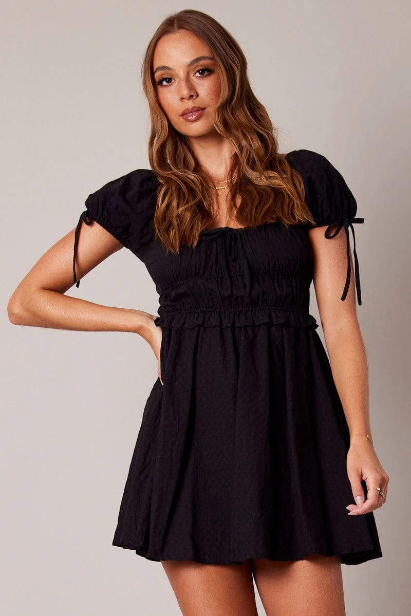 Black Fit and Flare Dress Short Sleeve Textured
