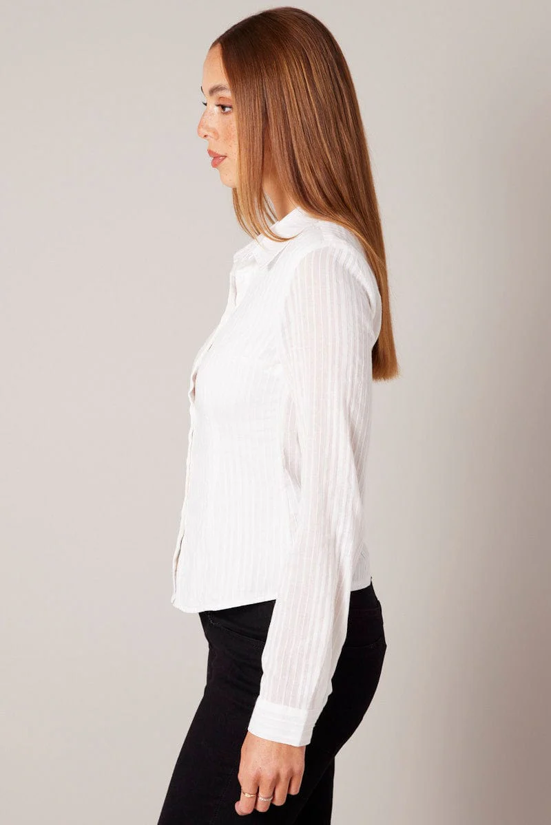 White Shirt Long Sleeve Self Stripe