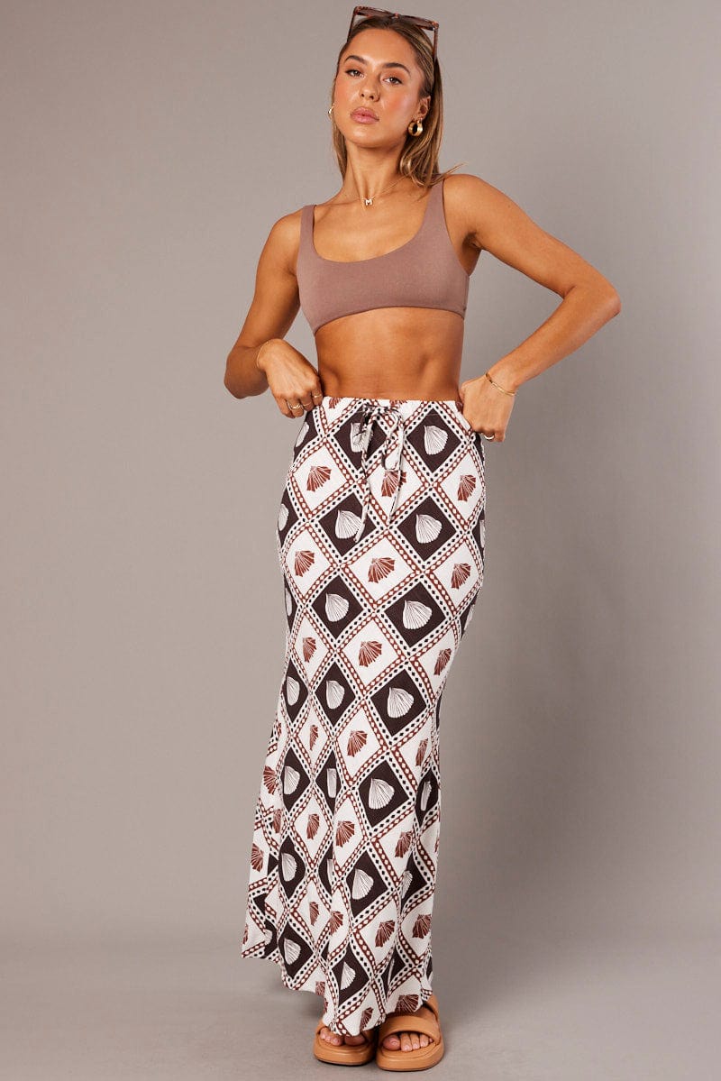 Brown Abstract Slip Skirt Maxi Linen Blend